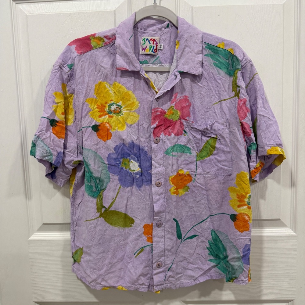 Jams World Mens Medium Water Flower Rayon Button Down Shirt Purple Floral M630RE